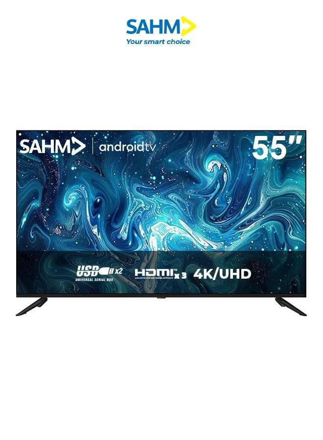 سهم تلفزيون ذكي 4 كيه  بدقة الترا اتش دي مقاس 55 بوصة، أندرويد 14 مع اي شير، يوتيوب، دقة 3840x2160، منافذ اتش دي ام اي ويو اس بي، جهاز تحكم عن بعد، حامل حائط، لون أسود | اسم الموديل: SHM-55LPS - Image 1